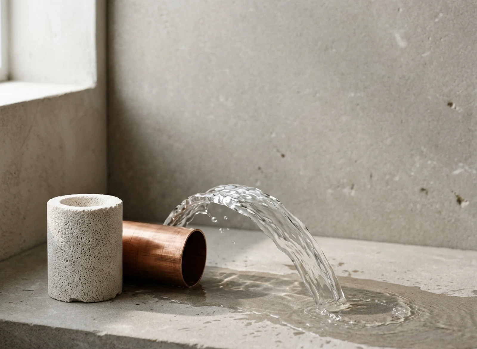 Ein klarer Wasserstrahl trifft auf ein poröses keramisches Filterelement, daneben liegt ein kupferner Wärmetauscher auf schlichtem grauem Grund.